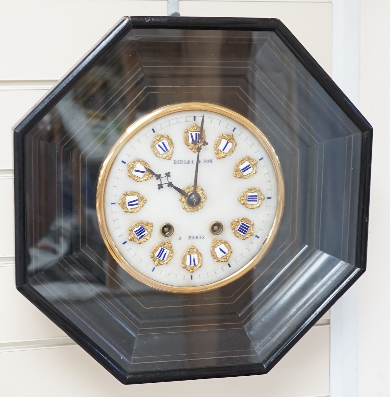 A 19th century French ebonised octagonal wall clock, Birley & Son Paris, 38cm high. Condition - fair, dial cracked